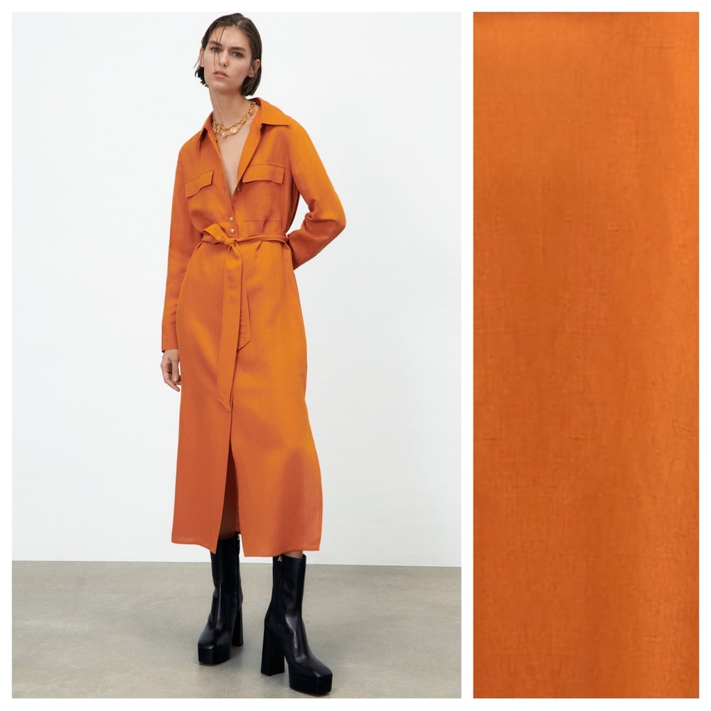 Zara Burnt Orange Linen Blend Shirt Dress with Topstitching. Size M.